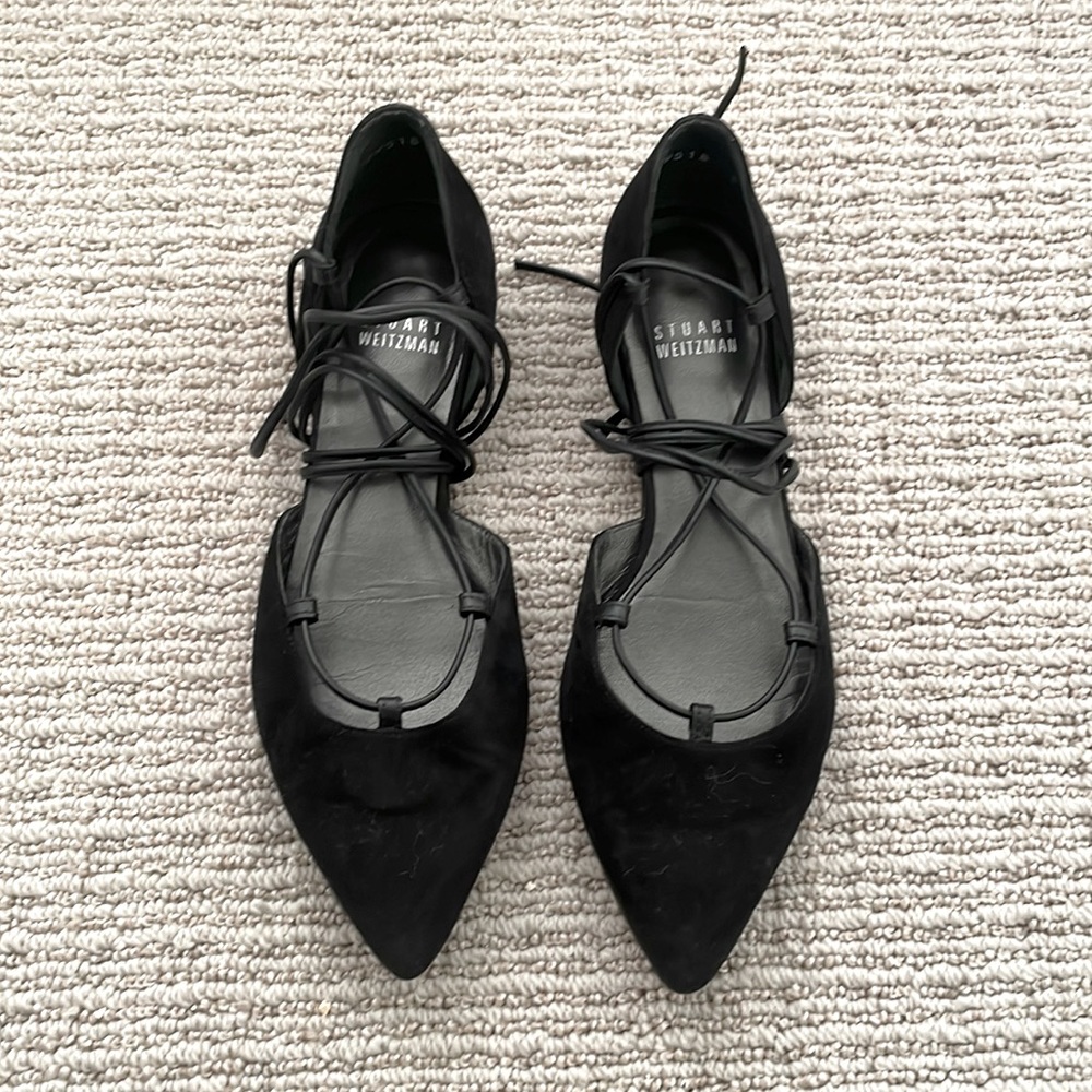 Stuart Weitzman Gilligan Suede Black Lace up Ballet Flat